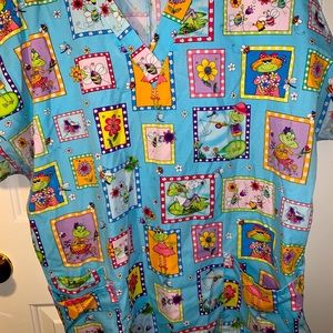 Blue Scrub Top With Frog Pattern